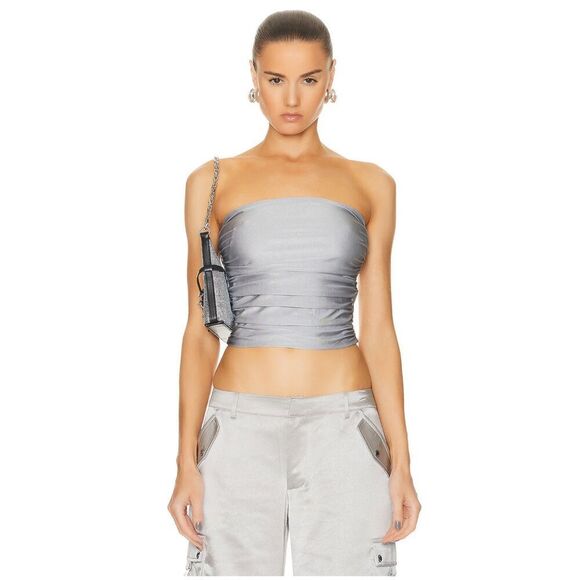 Revolve SER.O.YA Top Womens Size Medium Silver Debbi Strapless Cropped Ruched - Picture 1 of 11